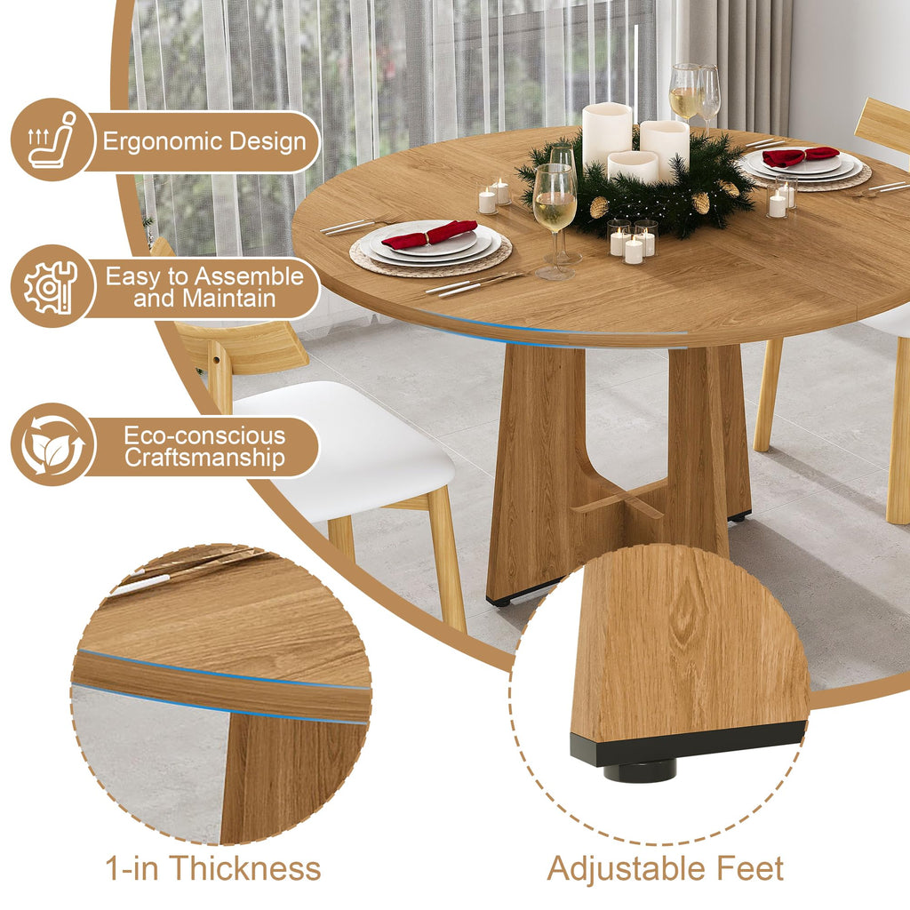 Modern 5-Piece Dining Table Set with 4 Chairs, Oak Round MDF Dining Table, Beige Fabric Upholstered Chairs with
