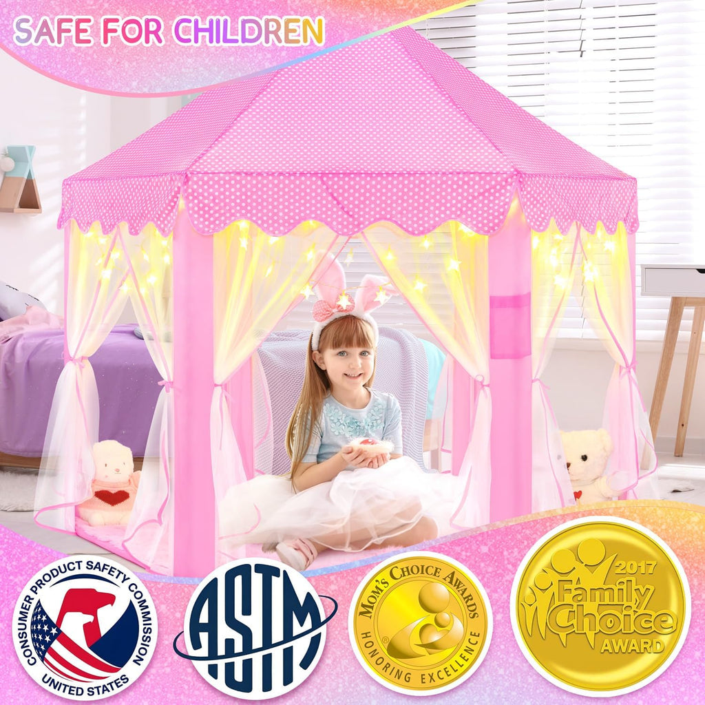 Princess Tent with Lights and Rug, Play Tent for Girls, Kids Tent Indoor and Mat, Princess Castle Playhouse Tent