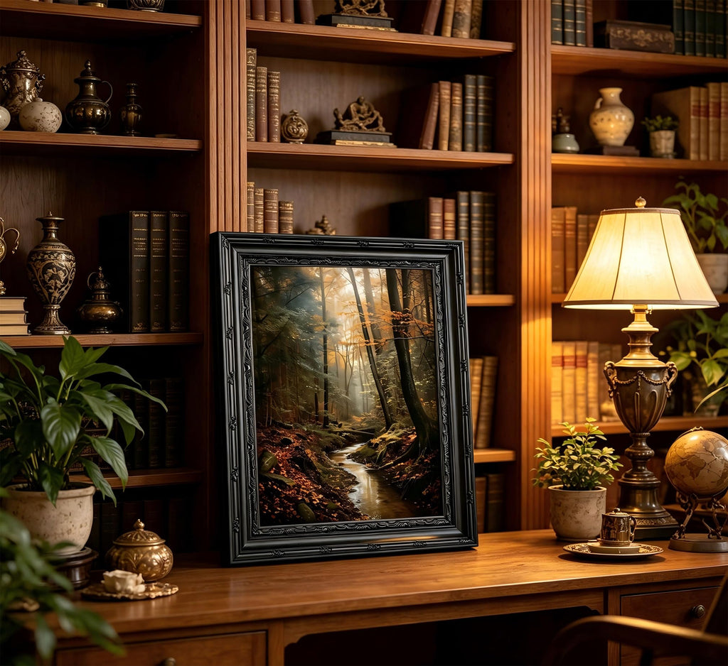 Dark Moody Landscape Framed Wall Art, Vintage Gothic Wildflower Meadow Canvas Print with Ornate Black Carved Frame