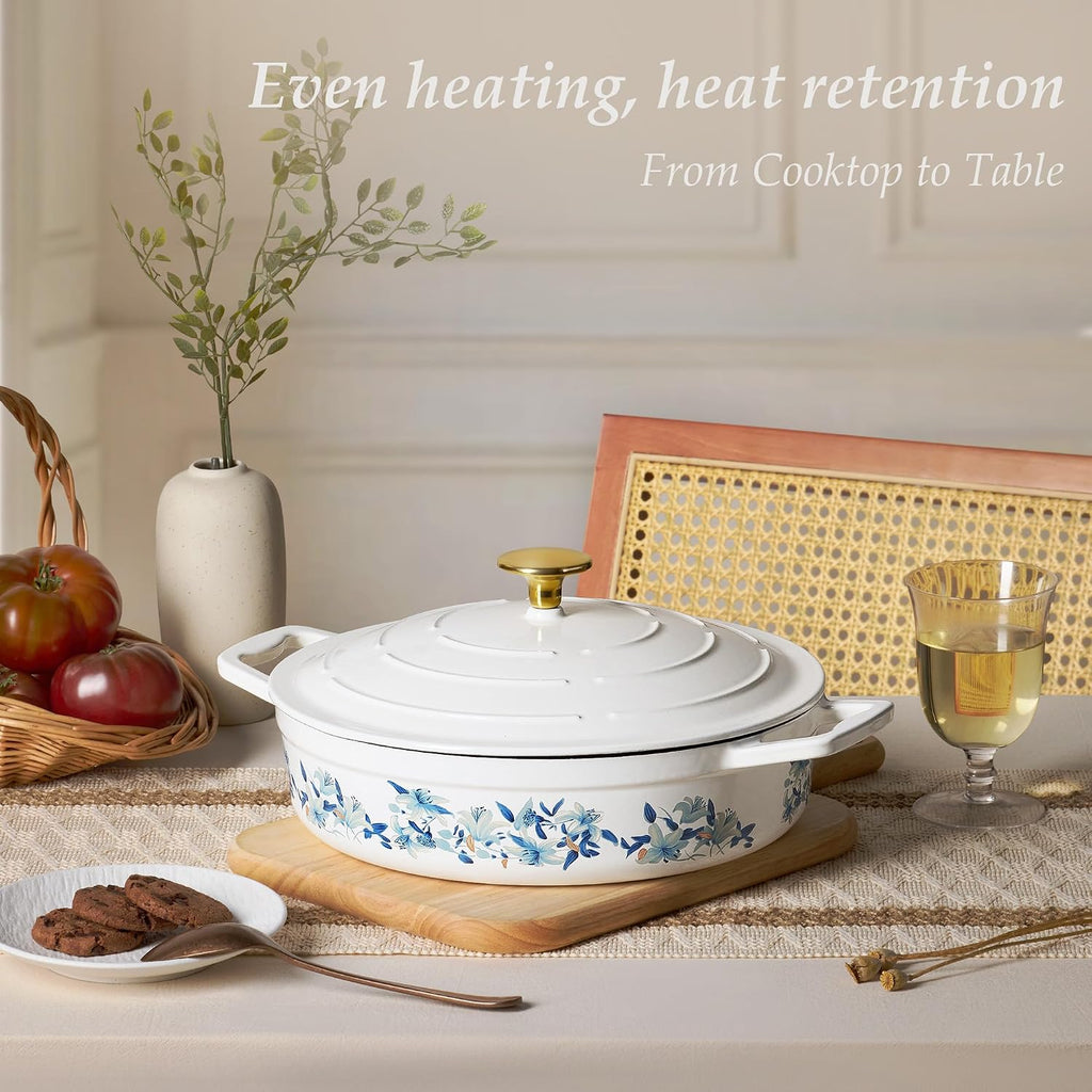 3.5QT Enameled Cast Iron Braiser Pan, Shallow Floral Dutch Oven Casserole Skillets, Non-Toxic Cast Iron Pot with Lid