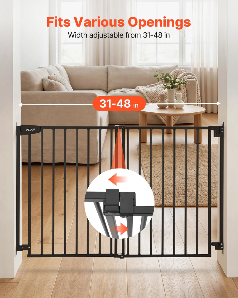 Pet Gate for Stairs, 31-48 in Adjustable Width, 30 in High Dog Gate, No Bottom Bar, One-Handed Operation, Easy