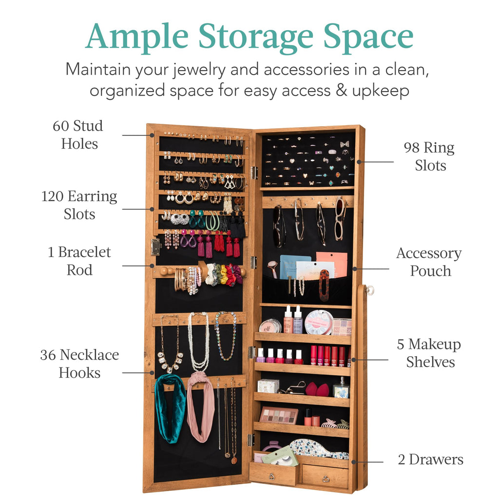 Freestanding Jewelry Armoire Cabinet, Full Length Standing Mirror, Lockable Makeup Storage Organizer, w/Velvet
