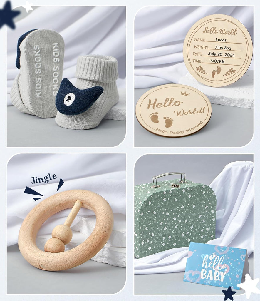 Baby Boy Gifts for Baby Shower, 9pcs Newborn Essential with Fox Lovey/Blanket/Onesie/Wooden