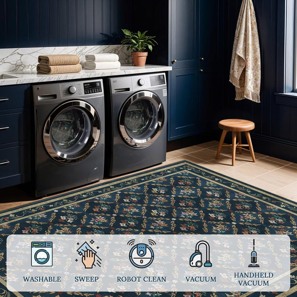 Blue Floral Rugs 5x7 Area Rugs, Non Slip Stain Resistance Washable Vintage Large Area Rug, Low Pile Checkered