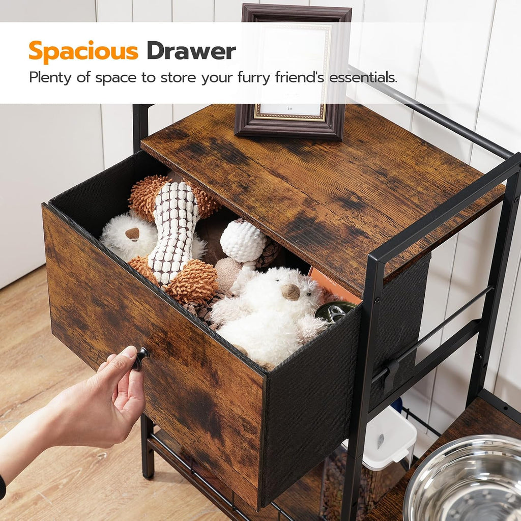 Elevated Dog Bowls Stand with Drawer, Height Adjustable Raised Feeding Station Cabinet with Storage Basket, 4-IN-1