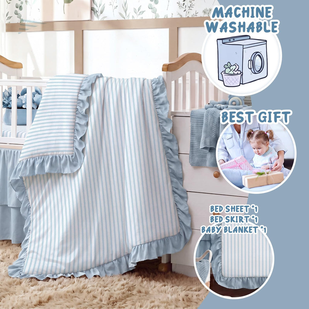 3 Piece Blue Stripe Crib Bedding Set with Sheet and Skirt