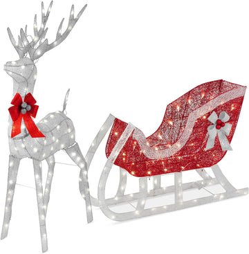 Lighted Christmas 4ft Reindeer & Sleigh Holiday Outdoor Yard Decoration Set w/ 205 LED Lights, Stakes, Zip Ties