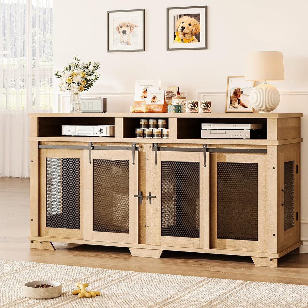 71'' Dog Crate Furniture for 2 Dogs, Extra Large Double Dog Kennel Indoor with Removable Divider and Storage Drawers