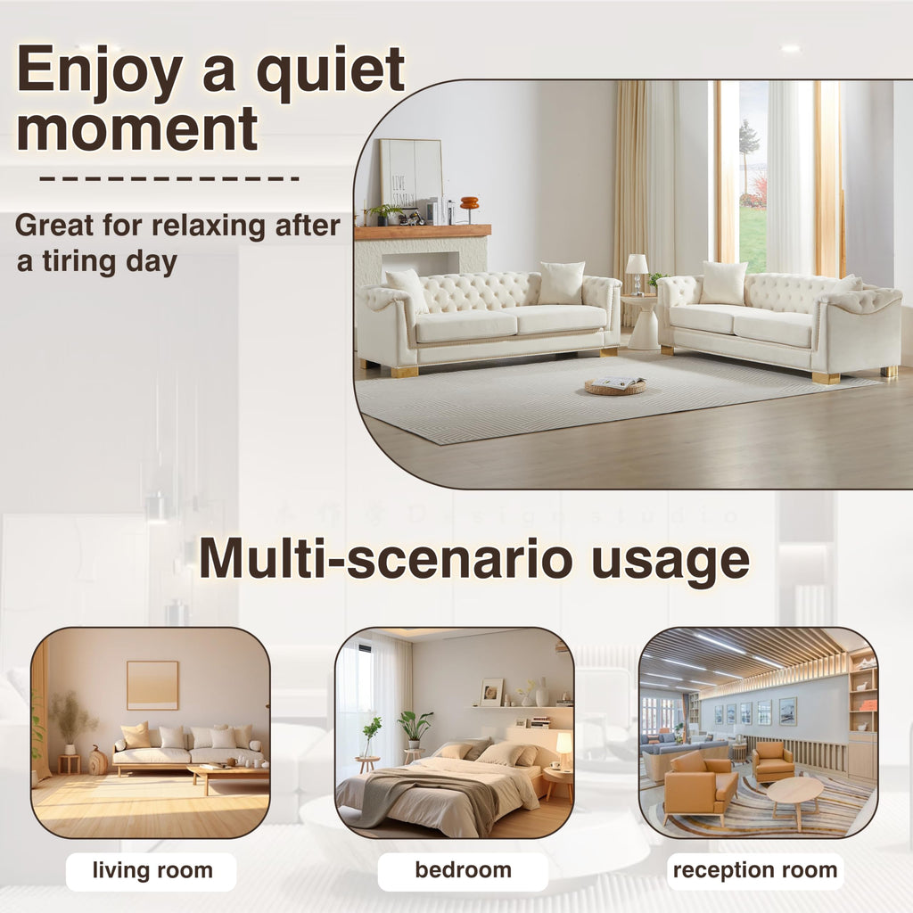 Modern Chesterfield Sectional Sofa, 3+3 Seater Combination Sofa with Rolled Arms, Button Tufted Back, Gold Studs - &