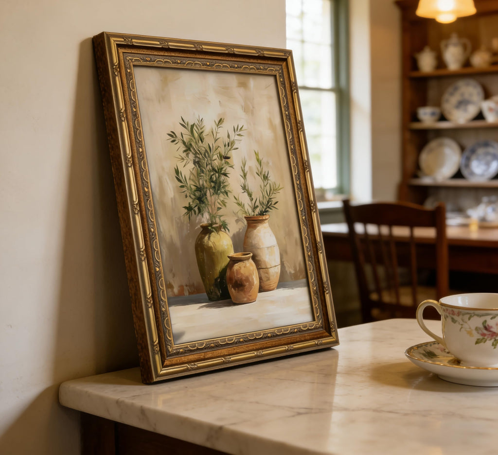 Vintage Gold Framed Canvas Wall Art Green Olive Branches Painting Picture Wall Decor Antiqu Still Life Plant Poster