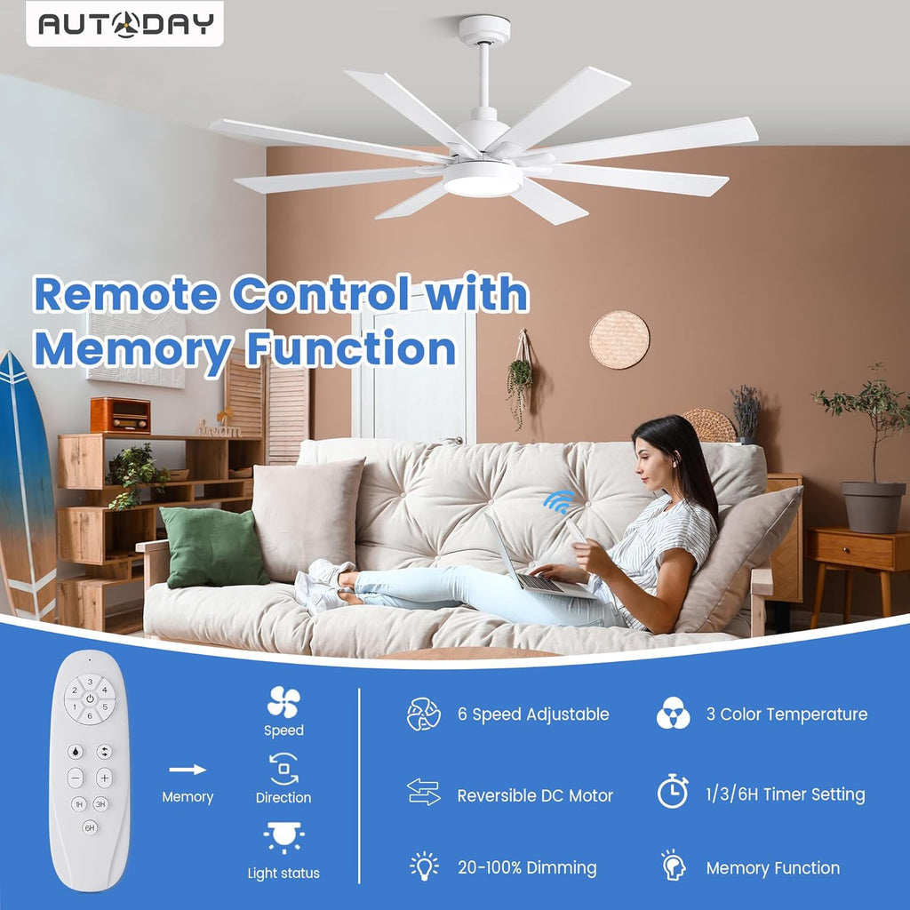 62" Ceiling Fan with LED Light and Remote - White / Light Natural Wood