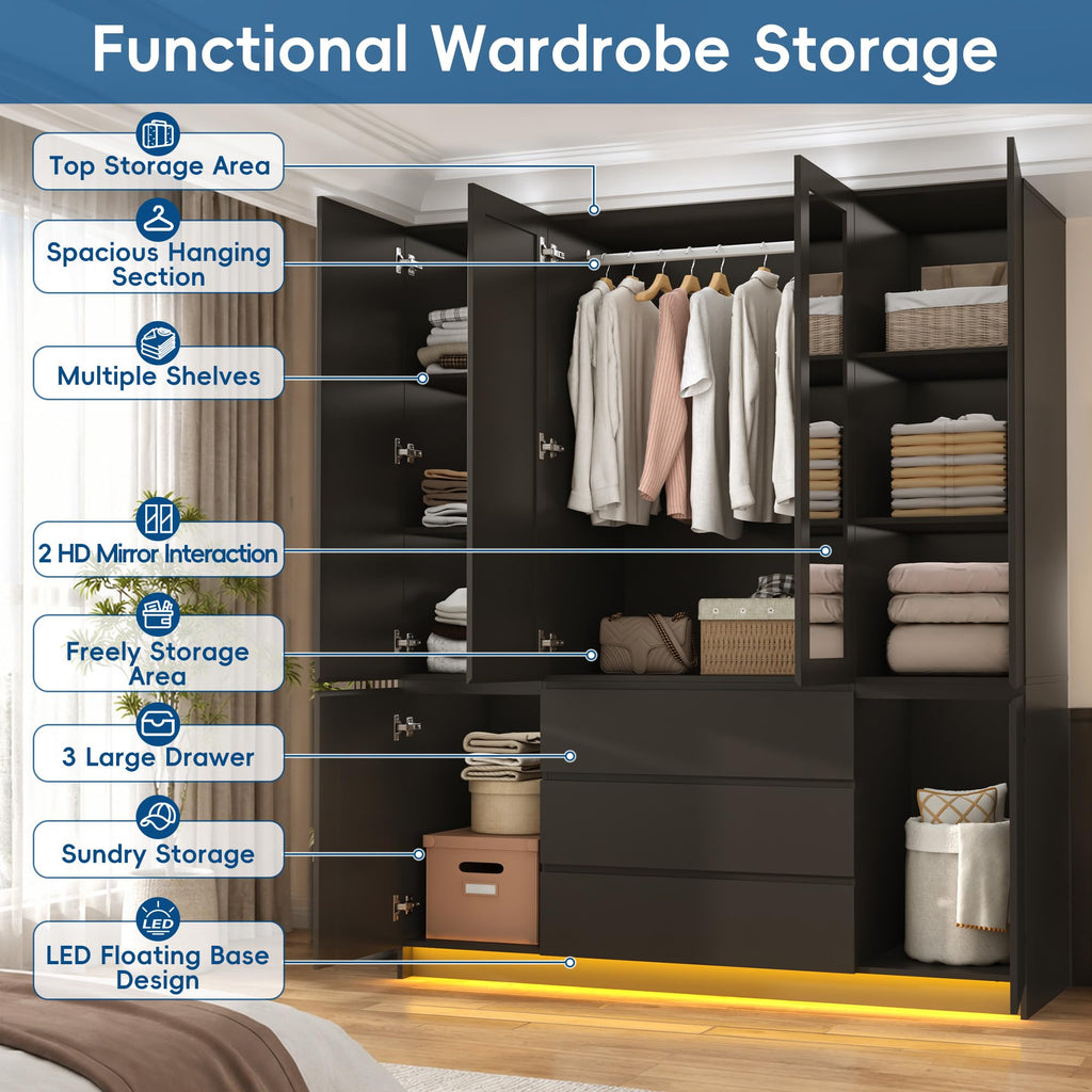 75" Tall Modern Wardrobe Closet with 2 Mirrors, LED Lights, 63"W Armoire Wardrobe Cabinet with 3 Drawers, Hanging