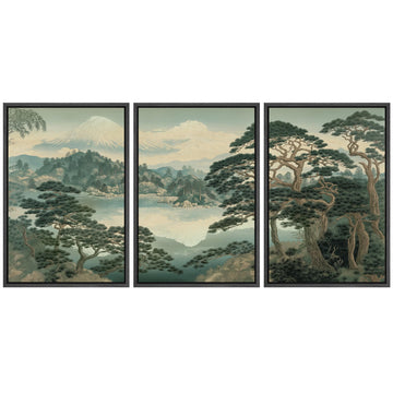 Framed Canvas Print Wall Art Set Mount Fuji Pine Tree Illustrations Fine Art Decorative - 24"x36"x3 BLACK