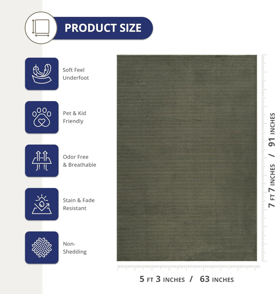 Plush Deco Collection Green Area Rug - Textured Stripe Design, Machine Washable, Non-Shedding, Easy to