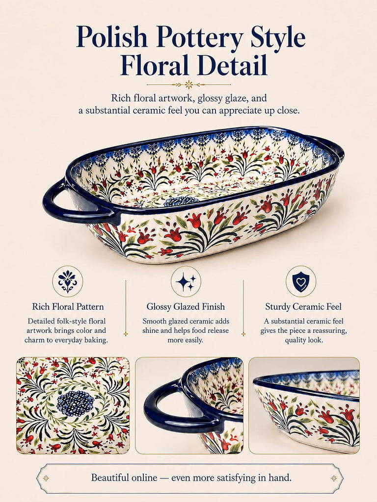 2-Piece Polish Pottery Style Ceramic Dish Set | Large baker for casseroles, baked pasta & roasting; small baker for