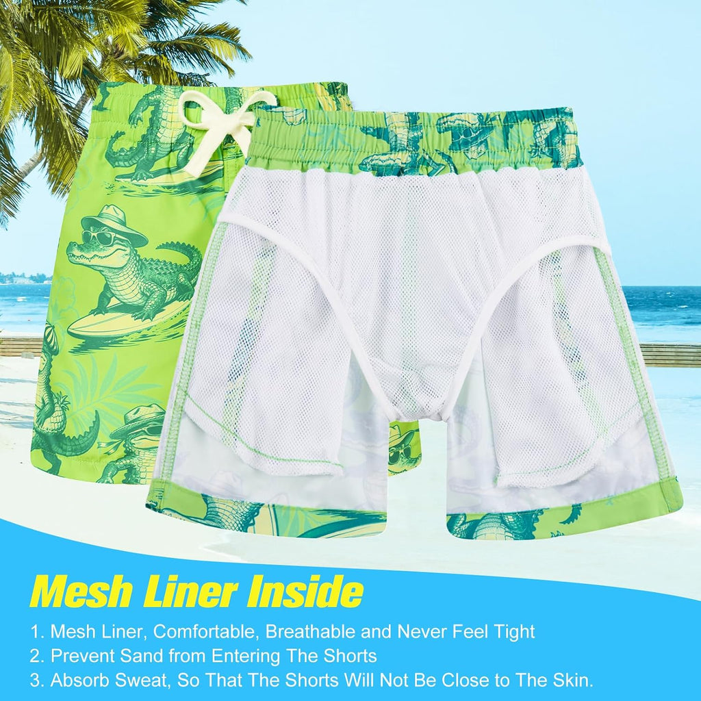 Boys Funny Print Swim Trunks with Anti-Chafe Mesh Lining