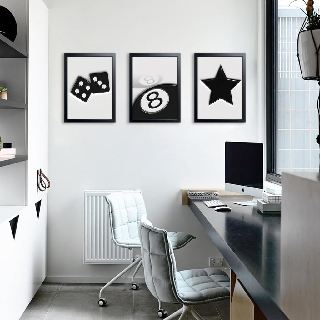 Black And White Wall Art Set of 3, Vintage Y2k Dice 8 Ball Canvas Prints Painting, Funky Lucky Preppy Posters