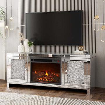 Mirrored Fireplace TV Stand, Mirrored Media Entertainment Center for TV up to 55 inch, Silver TV Console Table