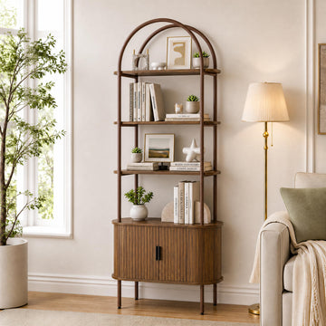 71" Tall Arched Bookshelf with Sliding Doors, 4-Tier Bookcase, Walnut
