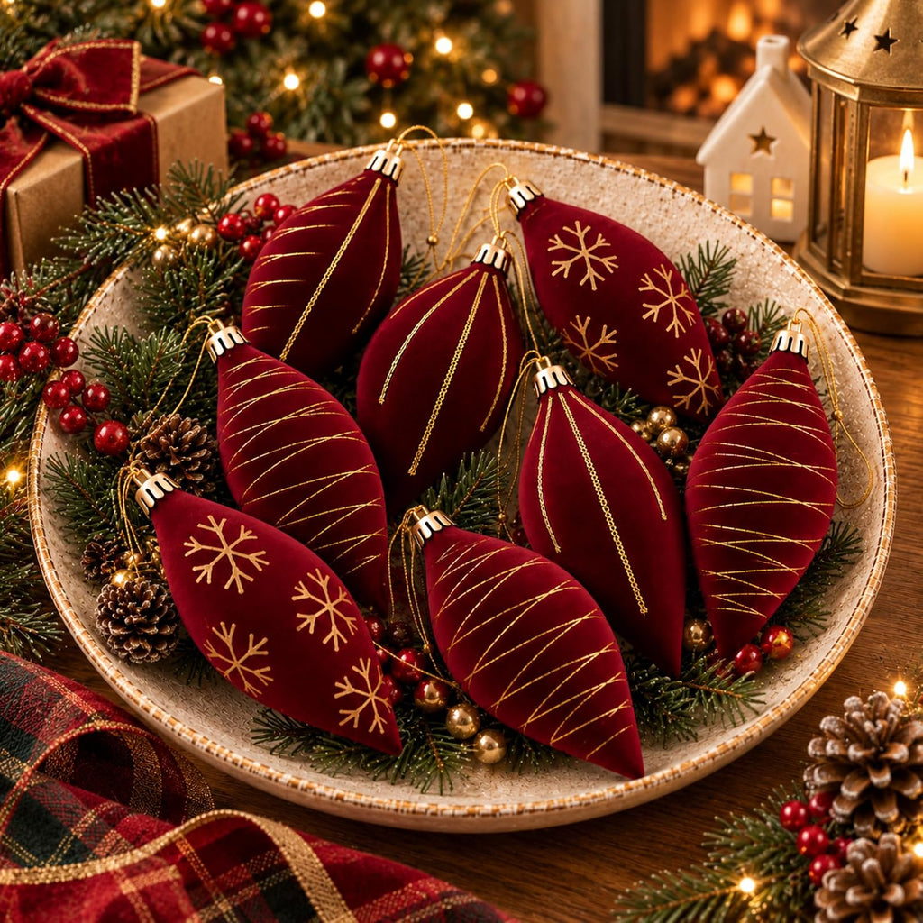 Burgundy Red 16 Pcs Velvet Ornament Set for Christmas Tree-6.7 Inch Flocked Finish Finial Drop Ornaments, Hanging