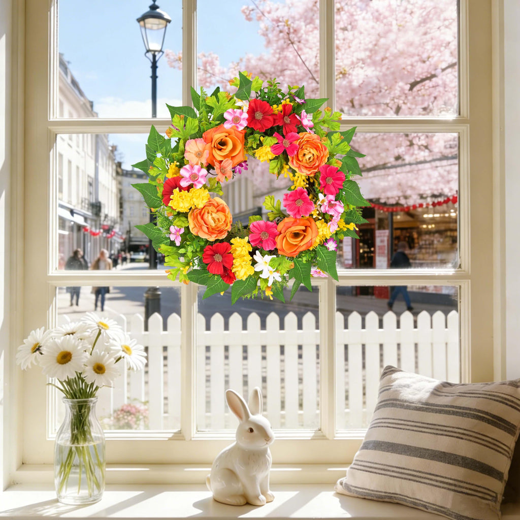 20 Inch Spring Wreath for Front Door, Artificial Silk Flower Wreath on Grapevine Base with Orange Rose-Style Blooms