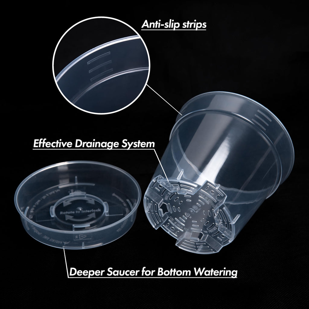 6 Inch Clear Plastic Plant Pot with Drainage Holes, Interlocking & Detachable Tray - Deep Saucer - Durable BPA-Free