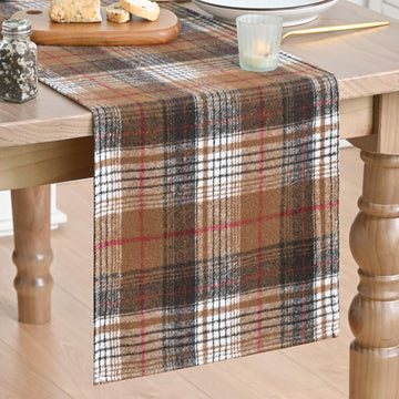 Coffee Brown Farmhouse Plaid Retro Fall Table Runner, Thanksgiving Rustic Holiday Check Kitchen Dining Table