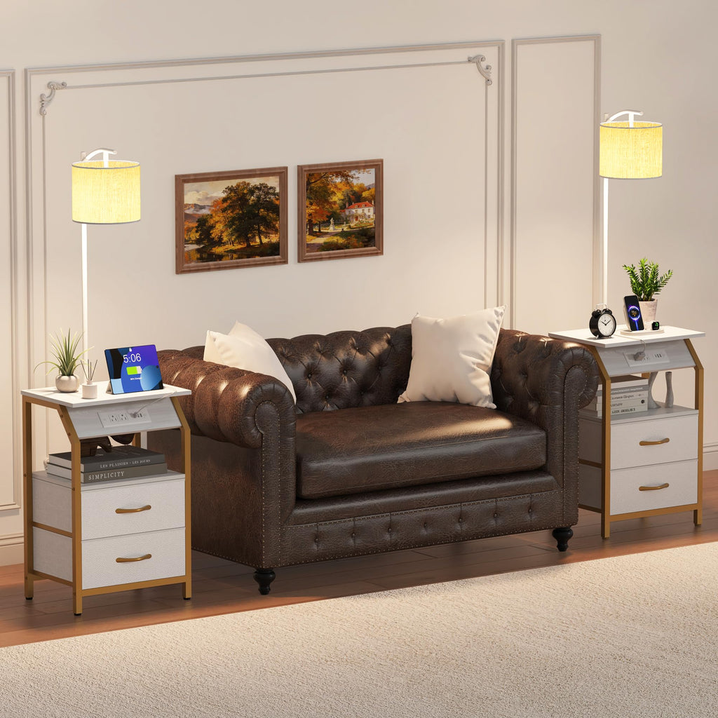 End Table with Floor Lamp, Nightstand with Charging Station, Floor Lamp Table with 3-Color Temperature Bulb, Bedside