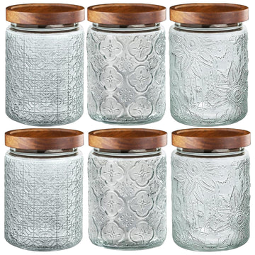 6-Pack 24 OZ Vintage Glass Jar with Lid, Airtight Food Storage Canisters with Bamboo Counter Pantry, Ideal for