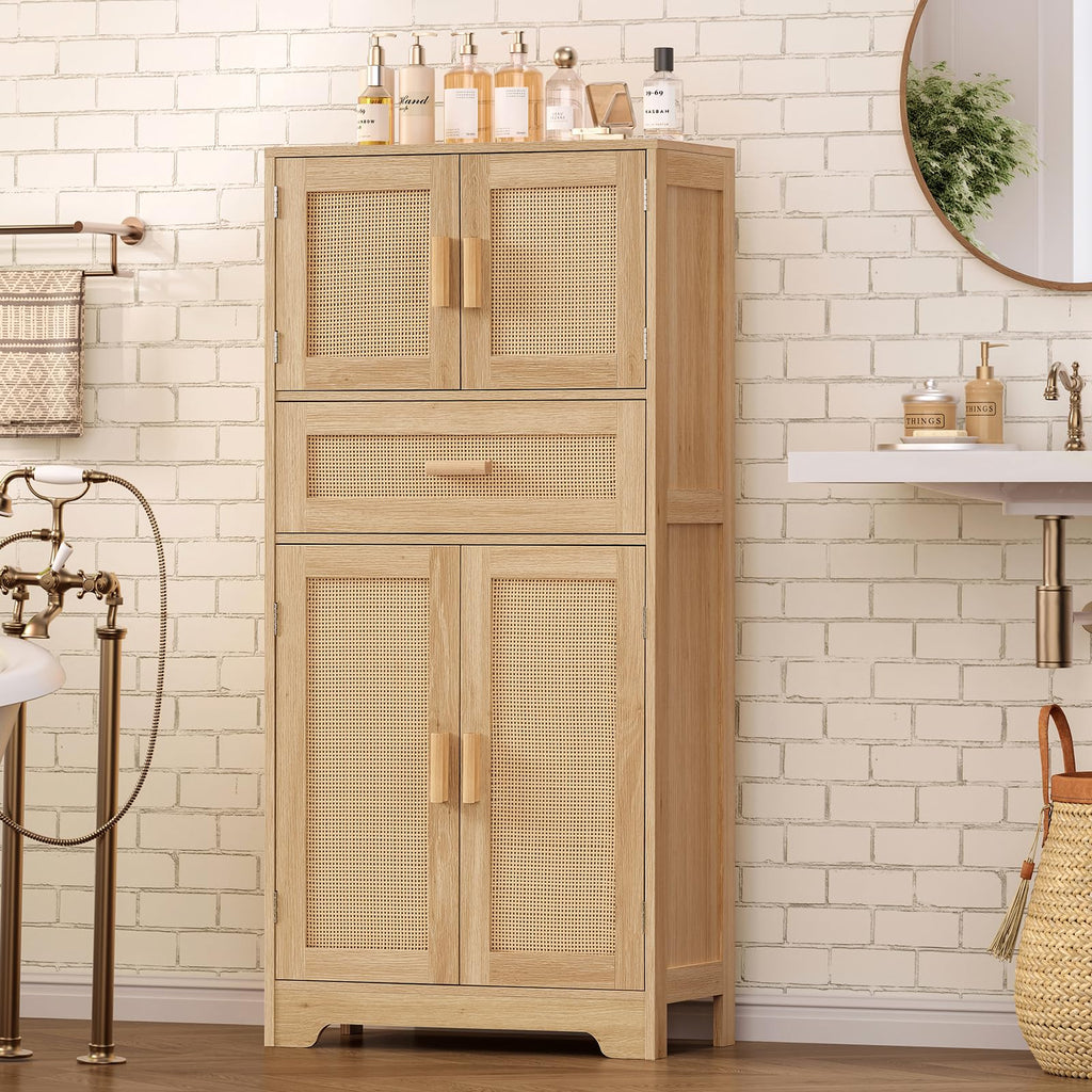 47.2" H Tall Storage Cabinet with Adjustable Shelf, Rattan Cabinet, Cupboard, Natural