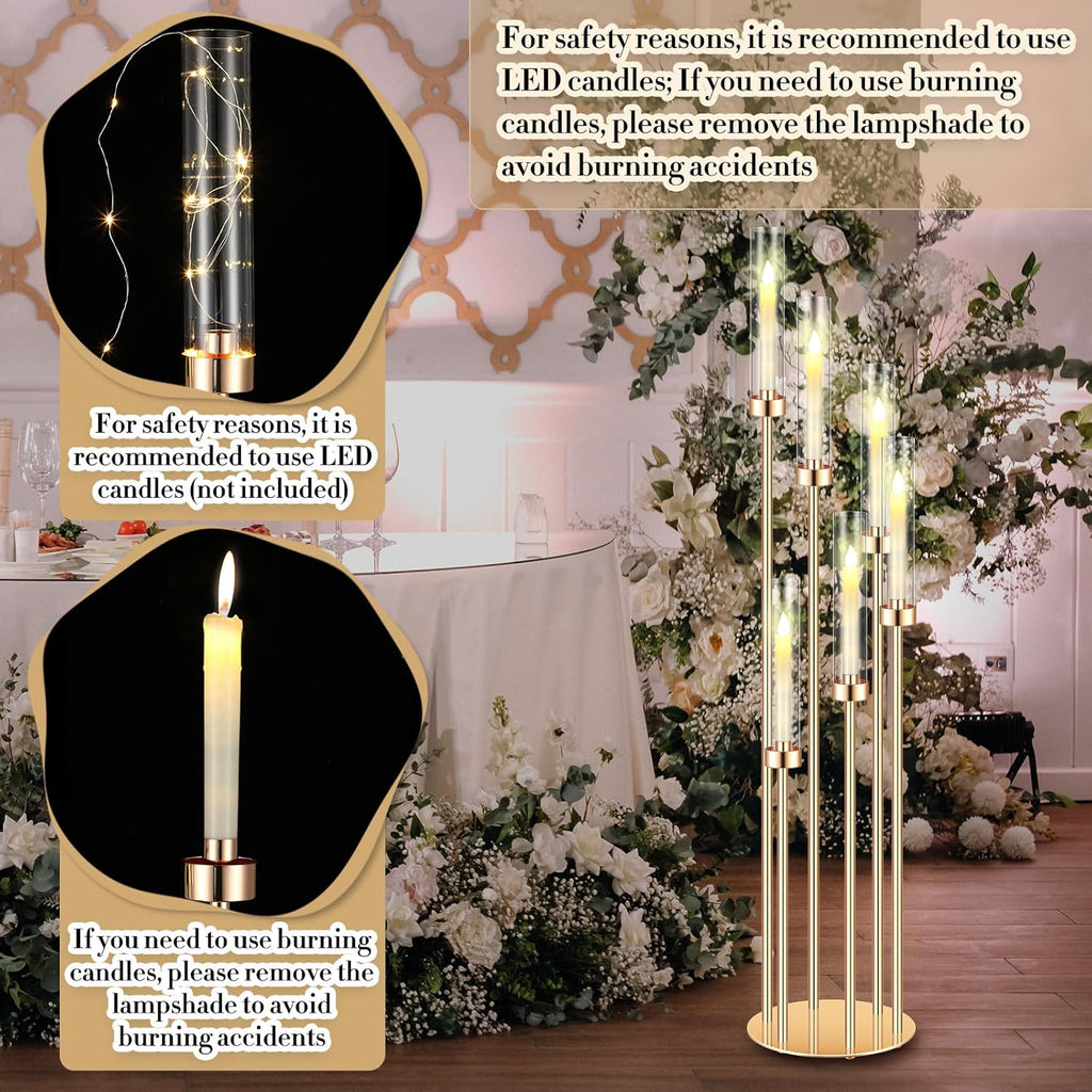 4 Sets Acrylic Candelabra Centerpieces 46.5'' Tall Clear Candle Holders Pillar Taper Candlestick with Lampshades 6