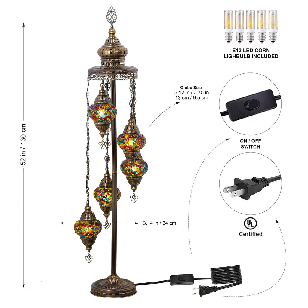Turkish Mosaic Floor Lamp, 5 Globe, Rainbow