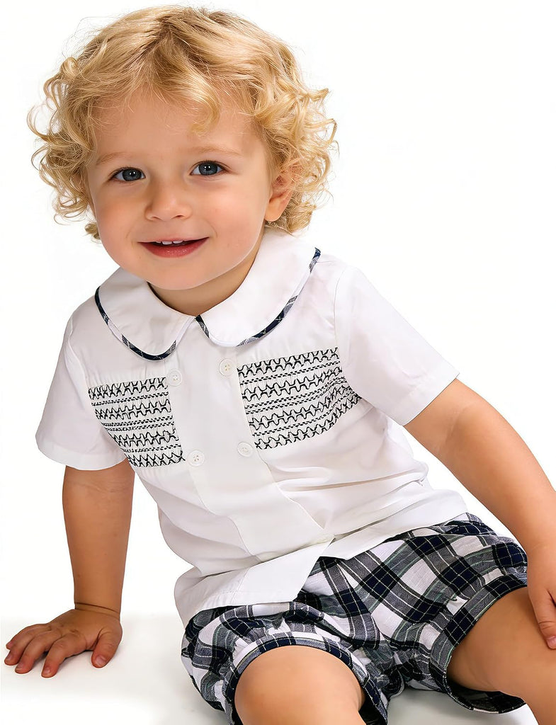 Smocked toddler boy outfits Summer Cotton Short Sleeve boys' button-down shirts Casual 2 piece Clothing Set