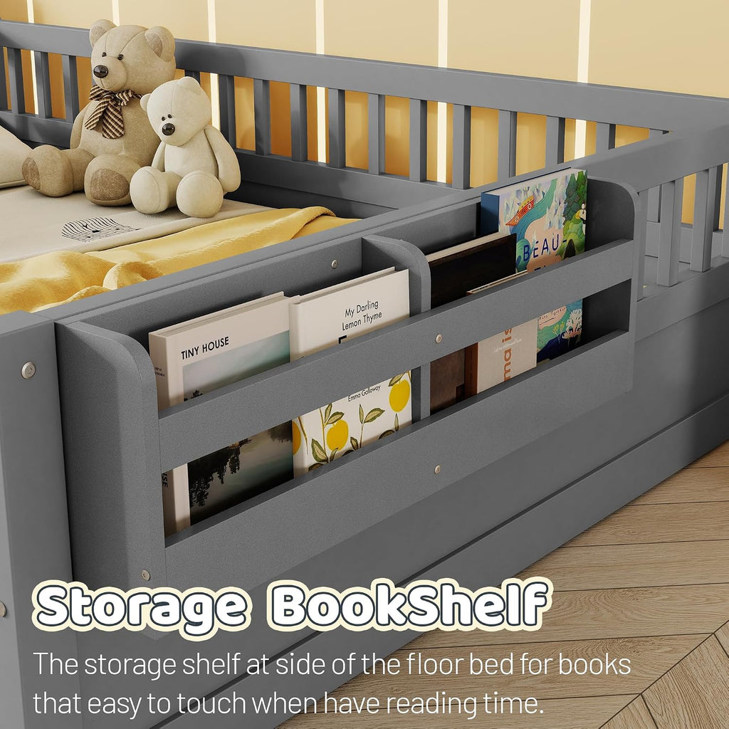 Montessori Floor Bed with High Rails,Full Size Floor Bed Frame for Kids, LED Lights & Storage Shelf, Safe & Wider