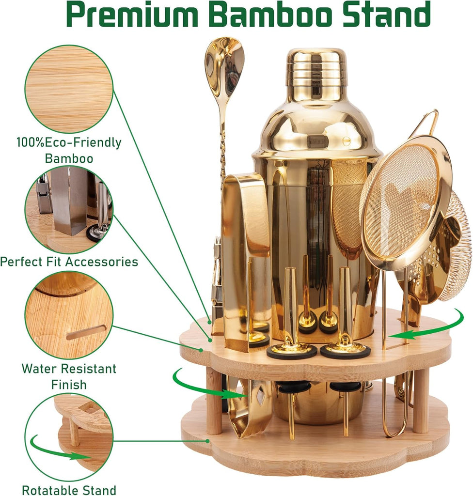 Cocktail Shaker Set Bartender Kit with Rotatble Bamboo Stand, Bar Set Stainless Steel Bar Accessories - Set of 11