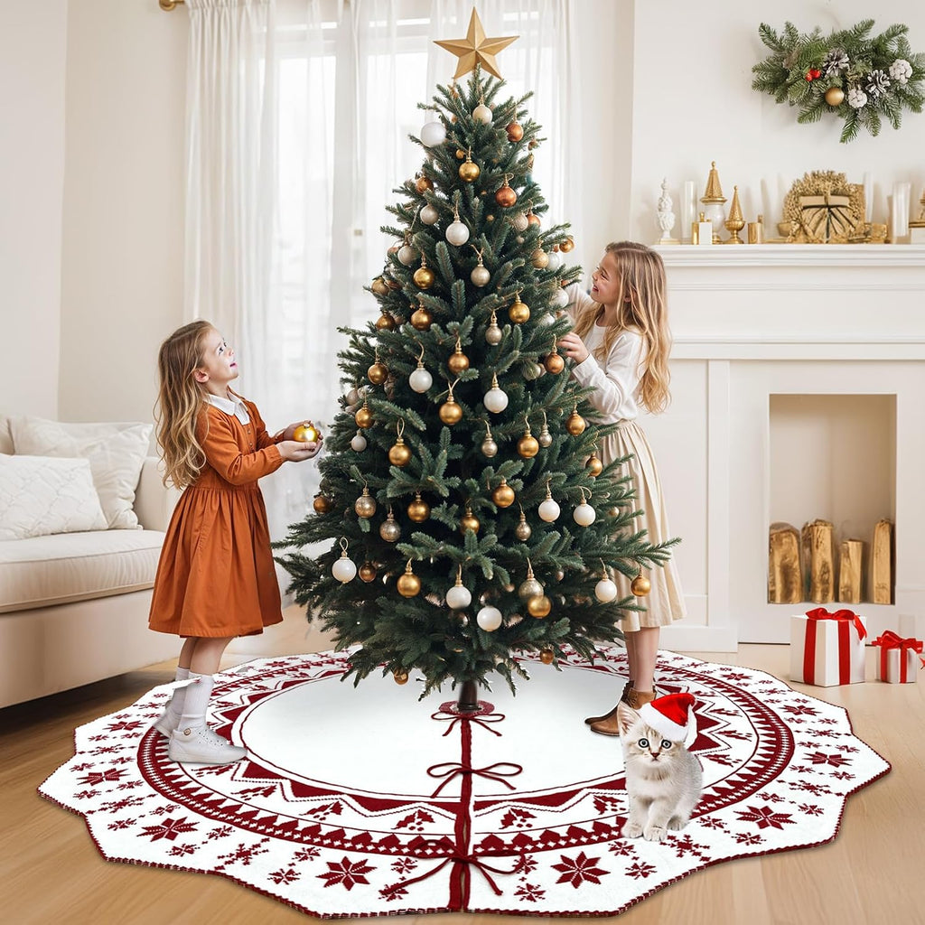 72 Inch Christmas Tree Skirt, Large Double-Sided Knit Snowflake Tree Skirts