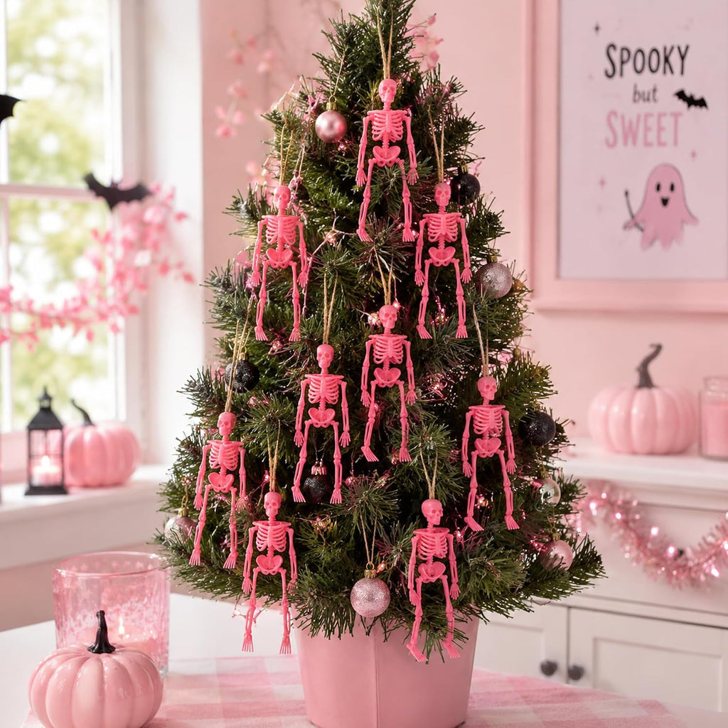 Pink Halloween Mini Skeleton, 6" Posable Skeleton Hanging Decor - Set of 24