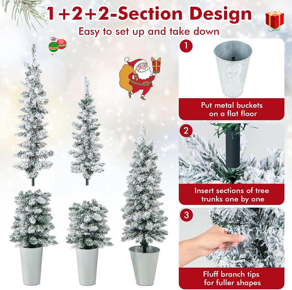 Set of 3 Artificial Snow Flocked Christmas Tree, 3' 4' 5' Slim Pencil Xmas Tree with Silver Metal Buckets, Faux