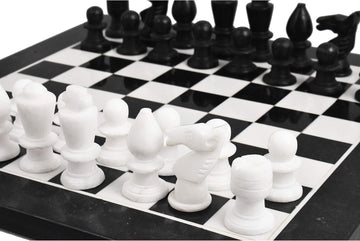 Marble Stone Chess Pieces & Board Set -Black and White - 12" - Minimalist Gift