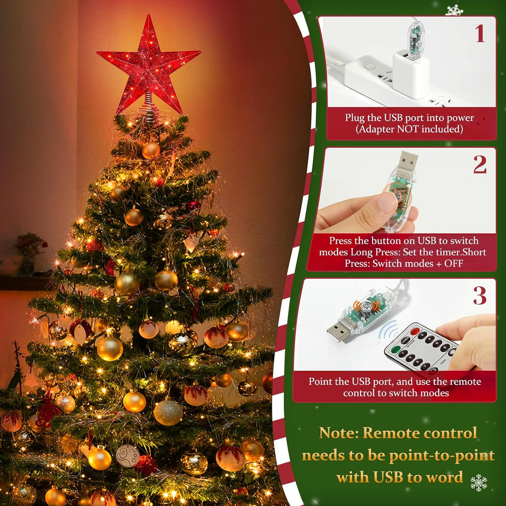 Red Christmas Tree Star Topper with Lights, 8.5-Inch Light-Up Christmas Tree Topper with Remote Control, 4 Brightness