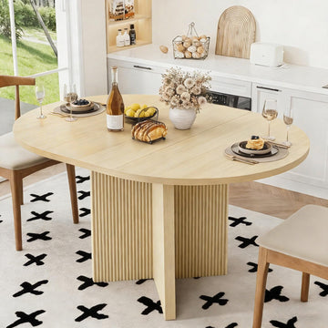 Extendable Dining Table, 35.4" Round to 47.2" Oval Wood Dining Table with Extension Leaf, Modern Expandable Kitchen