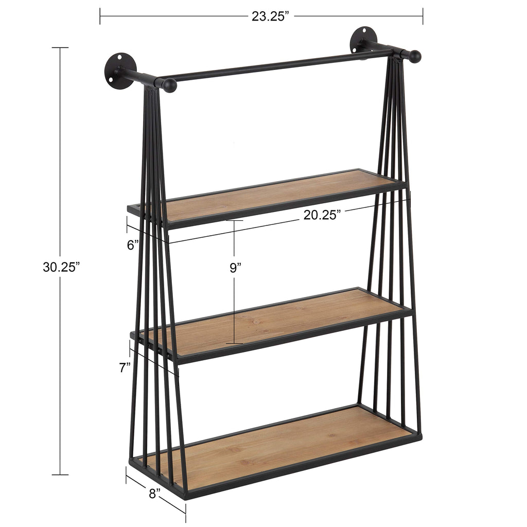 Nevin Rustic Three Tier Shelf, 23.25" x 30.25" x 8", Brown and Black, Modern Farmhouse Inspired Wall Storage and Decor