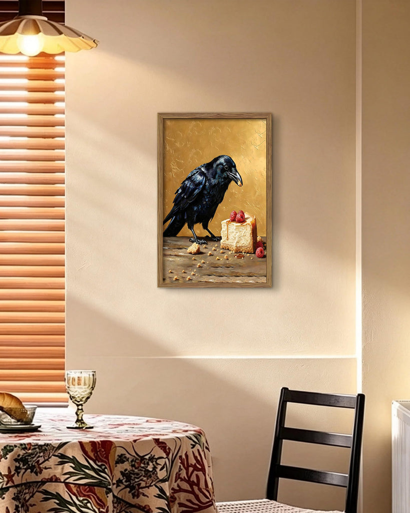 Framed Crow Halloween Wall Art, Funny Raven Wall Decor Painting Picture, Vintage Bird Dessert Canvas Print Poster