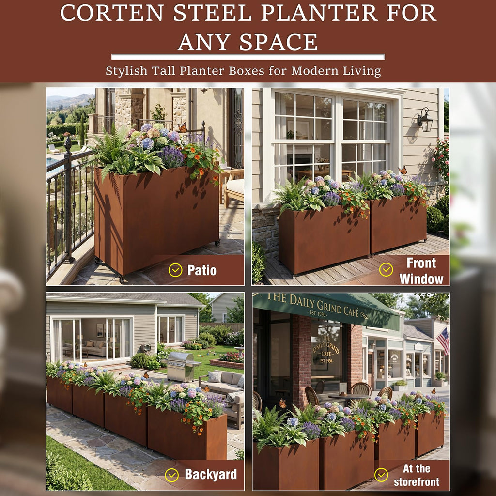 36" L x 12" W x 27" H Corten Steel Planter Box with Wheels