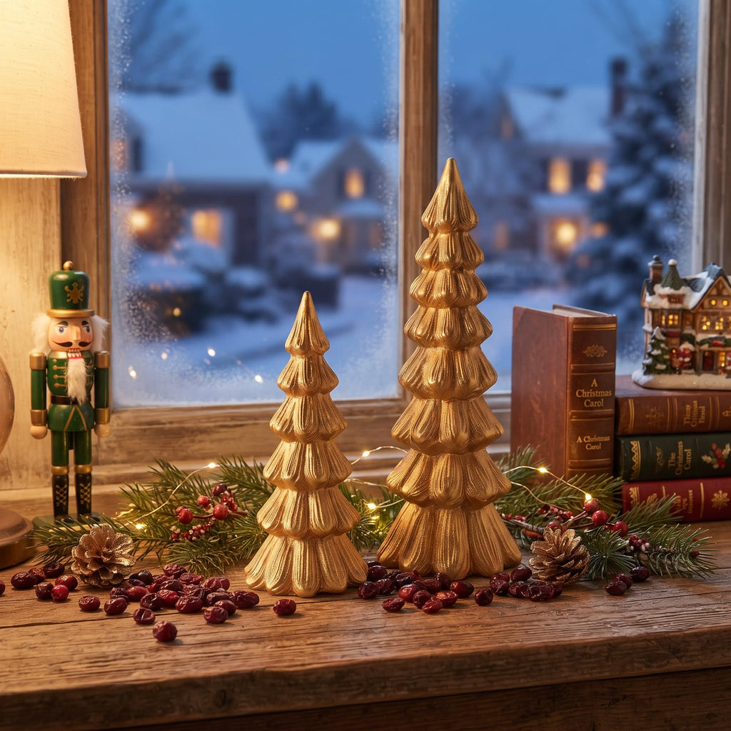 Gold Christmas Tree Decorations, 2Pcs Resin Tabletop Xmas Tree Figurines
