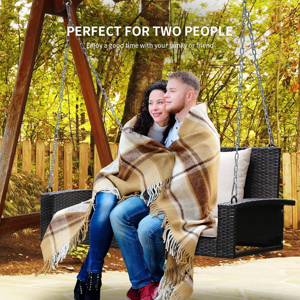 2-Seat Rattan Porch Swing, Wicker Outdoor Swings w/7.9 Ft Solid Metal Chain, Back & Seat Cushions for Garden