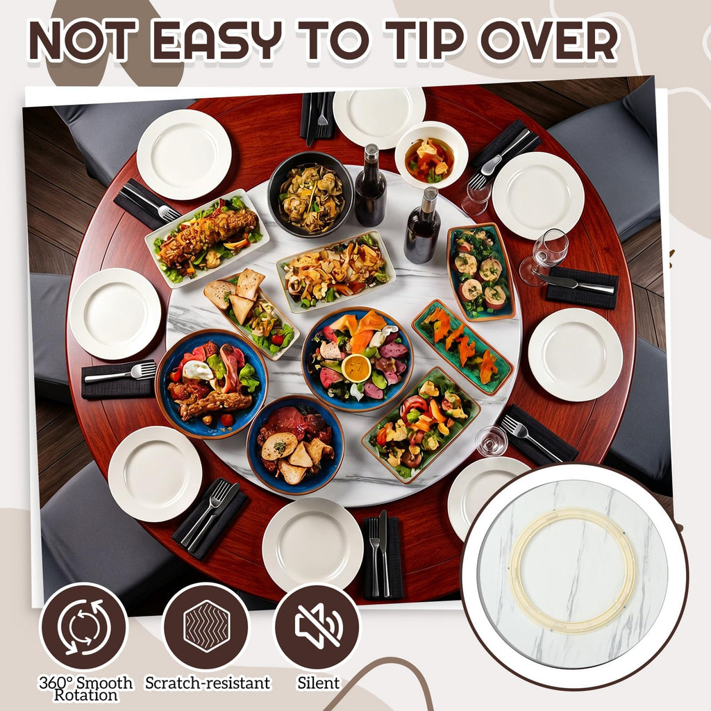 24" Lazy Susan Turntable, Marble White Rotating Wood Tray