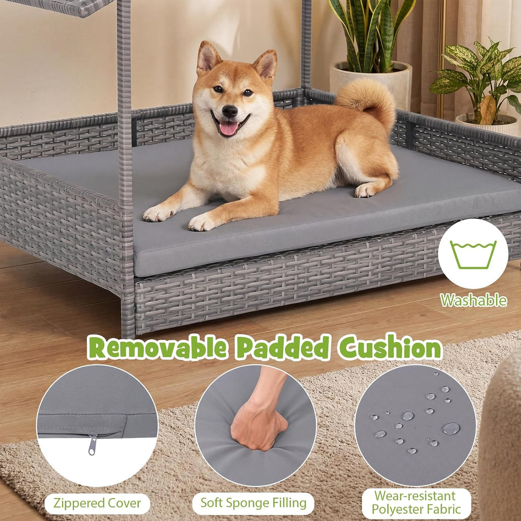Outdoor Wicker Dog House with Roof Canopy, Elevated Rattan Dog Bed with Washable Cushion, Weatherproof Patio Pet Bed