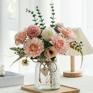 Fake Flowers with Vase,Faux Flowers in Vase Decor,Silk Pink Dahlia Artificial Flowers with Vase for Coffee Table