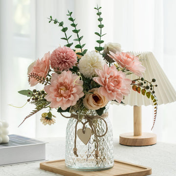 2 Pack Set Fake Flowers with Vase, Faux Flowers in Vase Decor, Silk Pink Dahlia Artificial Flowers with Vase for Coffee